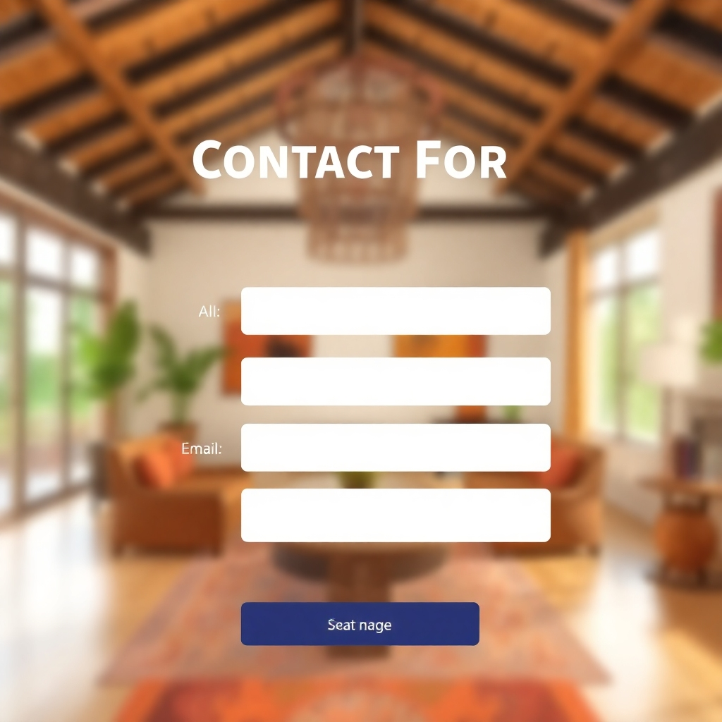 A clean and modern contact form interface with fields for name, email, and message. The background should be a blurred image of a beautifully designed African interior. The color scheme should be professional and inviting.