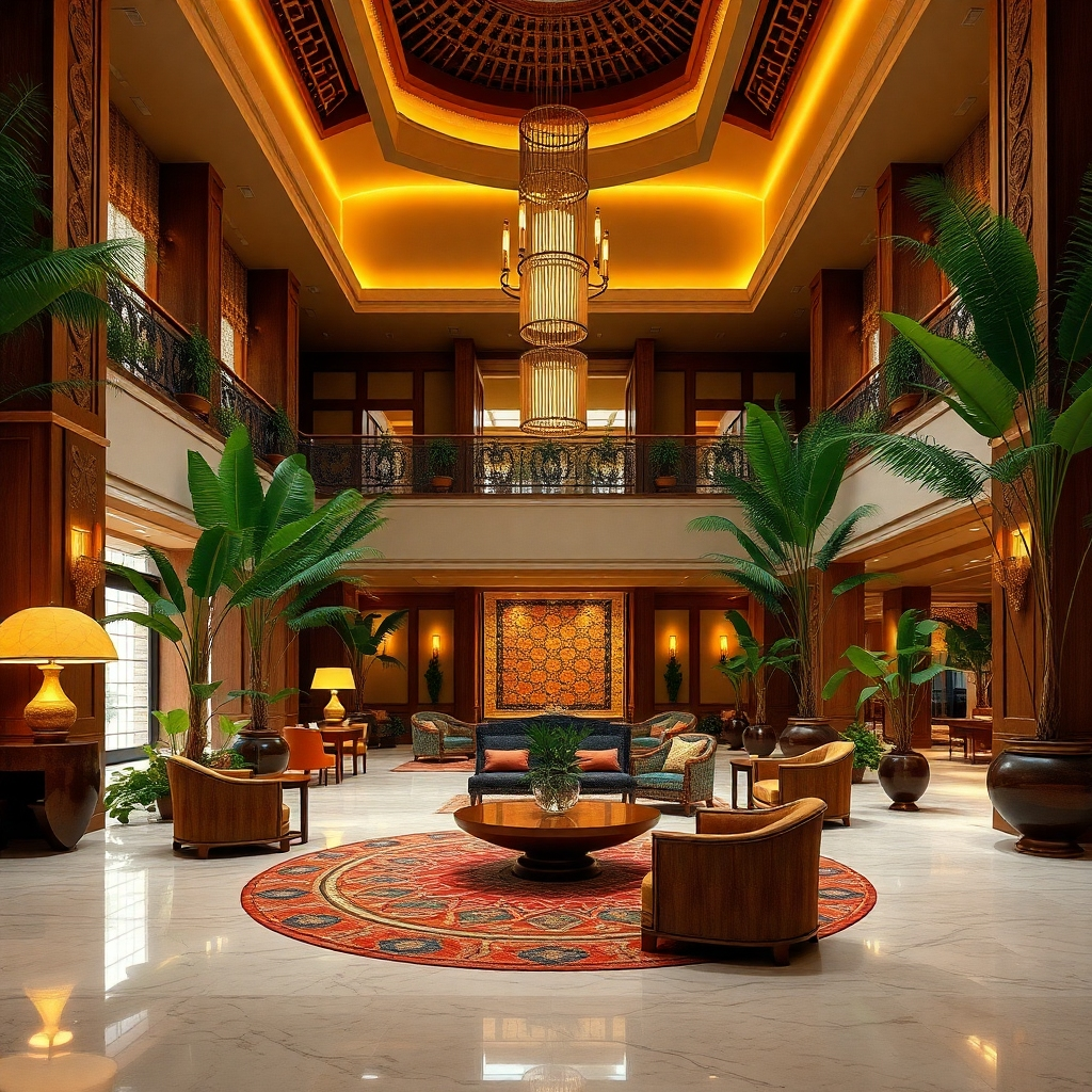 A photorealistic image of a hotel lobby in Dubai featuring African-inspired décor. Include elements such as wooden carvings, colorful textiles, and lush greenery. The lighting should be warm and inviting, creating a luxurious and welcoming atmosphere.